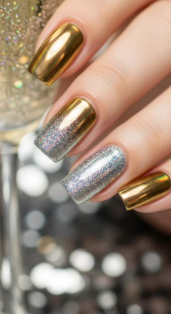 Gold and silver metallic glitter holiday nails with chrome ombré finish, perfect for Christmas and New Year 2025.