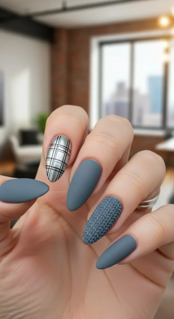 Plaid Nails with Cozy Sweater Texture: Holiday Nail Designs 2025 20 Slate-gray matte nails with silver plaid accent and knit texture nail.