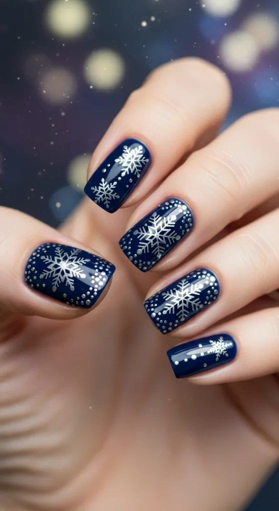 Midnight frost nails with navy base and silver snowflake art.