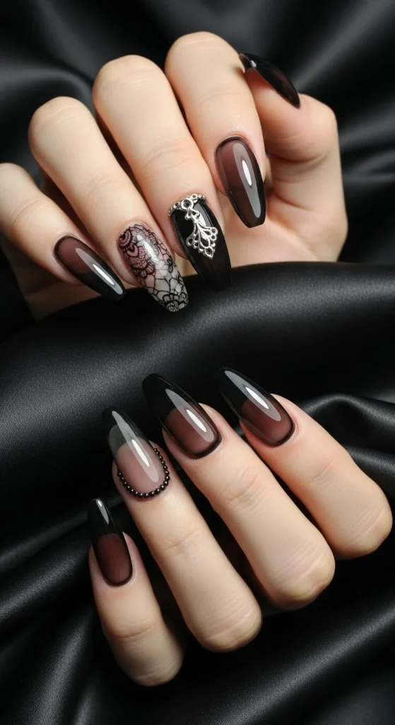 Sheer black lace gel nails with delicate gothic pattern for October nights.