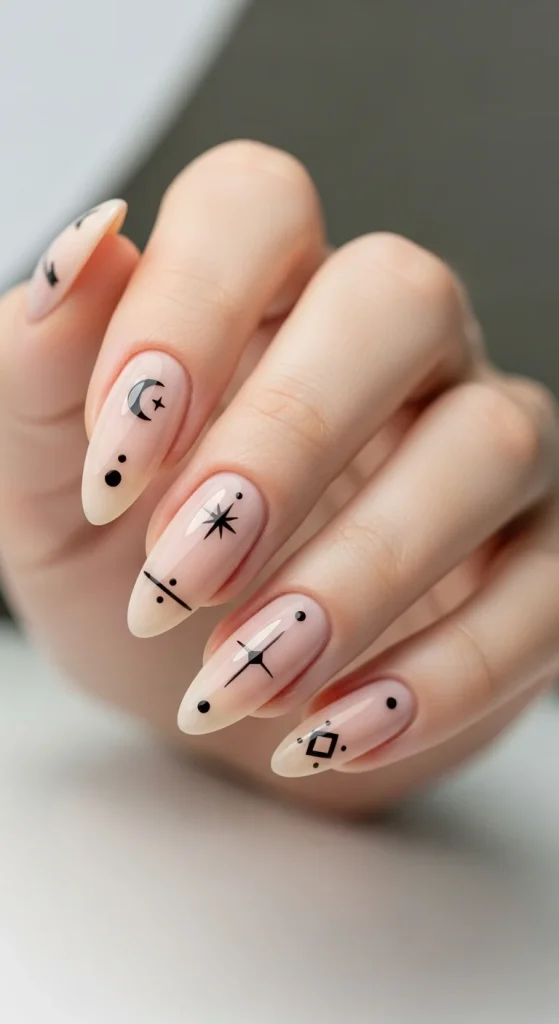 Nude nails with chic black silhouettes.