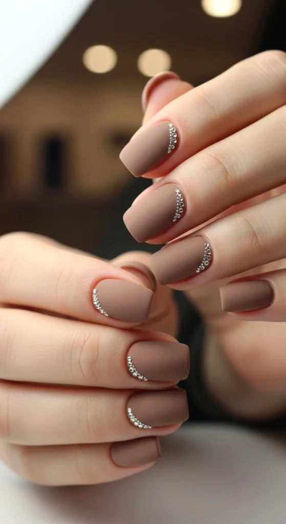 Warm taupe matte nails with micro rhinestone near cuticle — subtle festive detail.