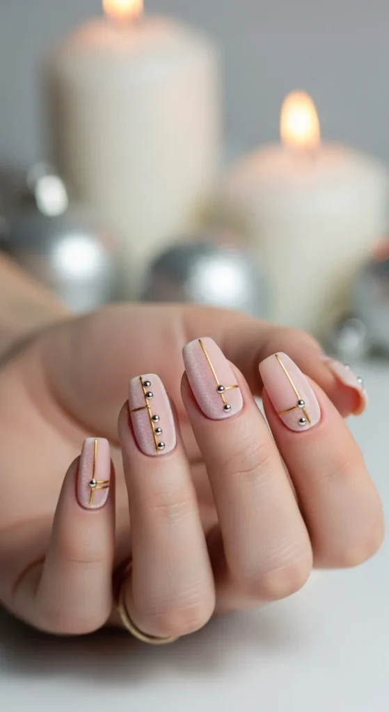 Minimalist nude Christmas nails with gold lines and matte velvet finish, elegant simple holiday manicure 2025.