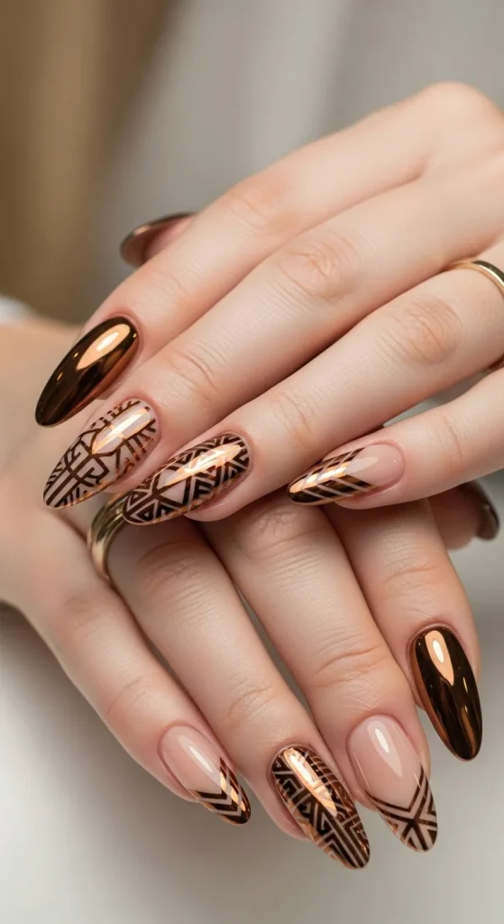 Bronze chrome gel nails with molten  geometric
metallic effect and high-shine finish
