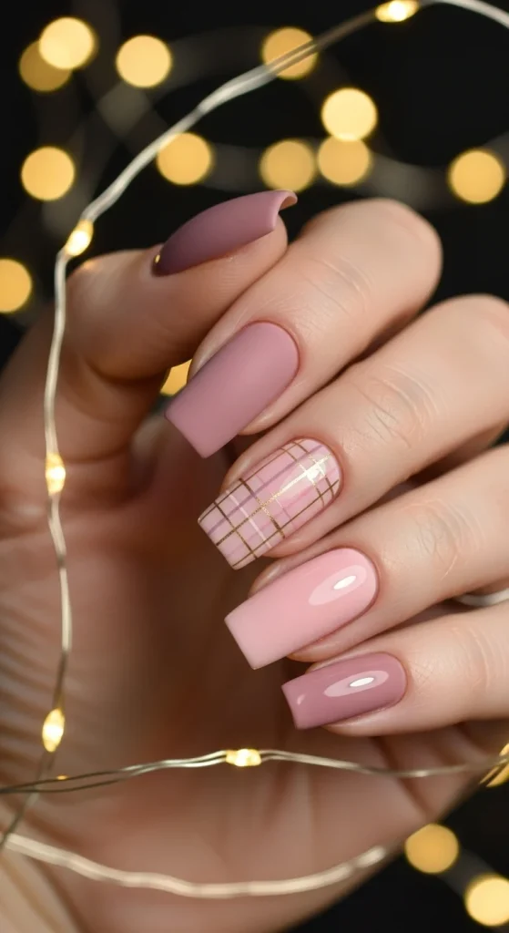 Plaid Nails with Cozy Sweater Texture: Holiday Nail Designs 2025 13 Dusty mauve nails with blush pink plaid accent and soft gold lines.