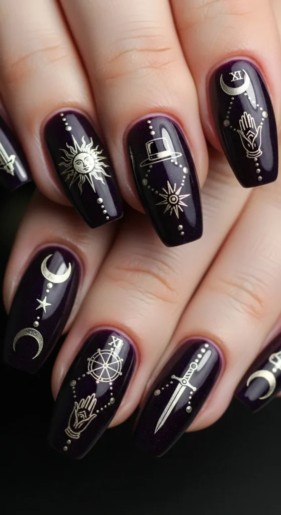 Purple nails with tarot-inspired mystical accents.