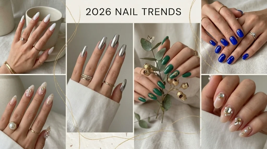 Collage of nail trends 2026 featuring milky white nails, chrome metallic nails, 3D nail art, and bold colorful manicures