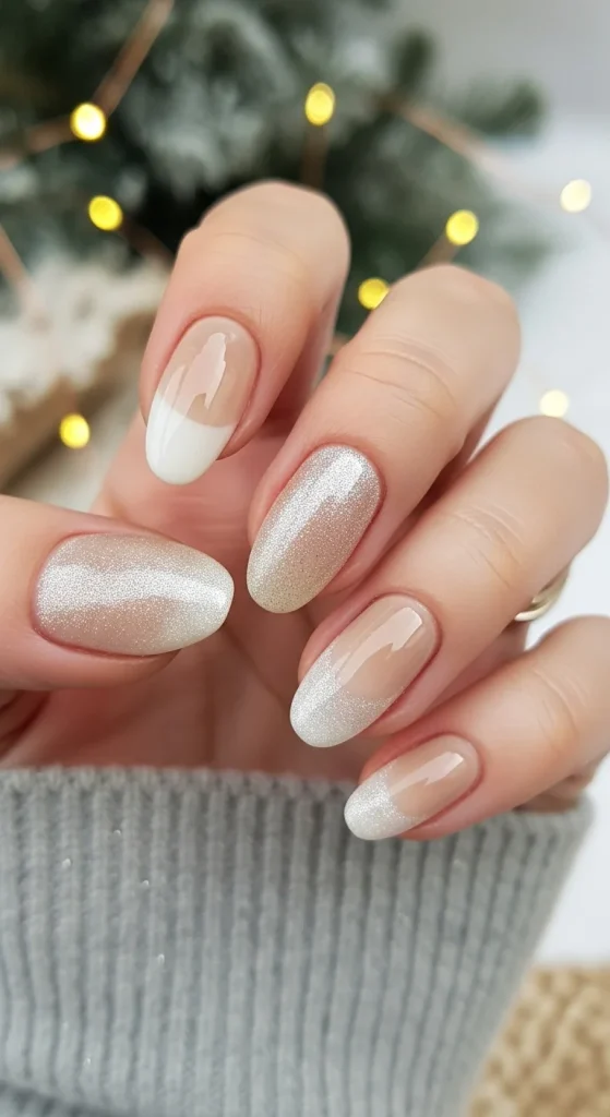 Neutral and nude holiday nails with soft beige tones, pearl shimmer, and frosted tips, classy manicure 2025.