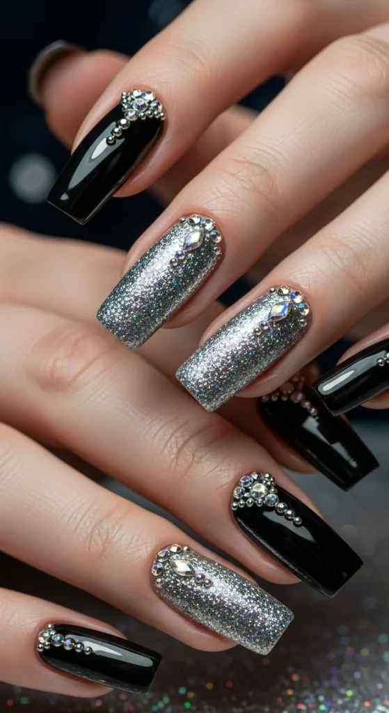 Black chrome and silver glitter New Year’s Eve nails with rhinestones, glamorous party manicure for 2025–2026.