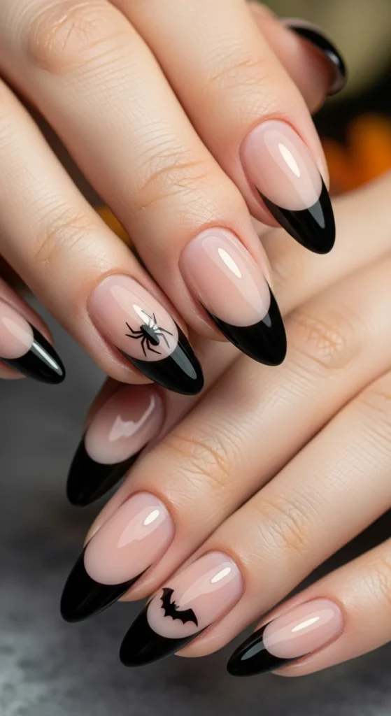 Nude nails with black French tips for Halloween.