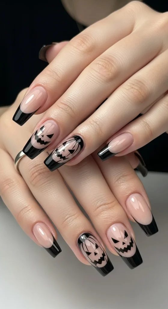 Nude nails with black negative-space French tips.