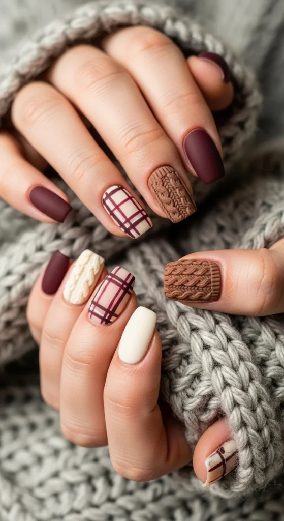 Plaid and sweater texture nails in burgundy, cream, and mocha tones, cozy winter holiday manicure trend 2025.