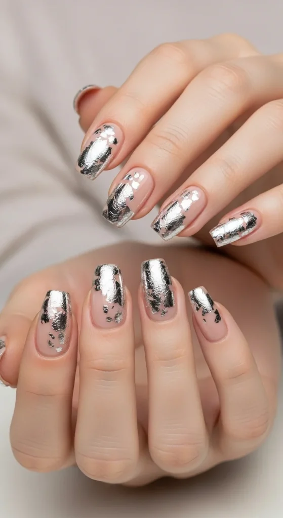 nude nails with metallic silver foil flakes