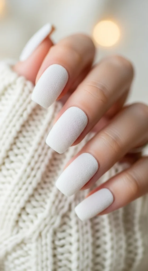 Polar white velvet nails with matte finish for cozy winter look.