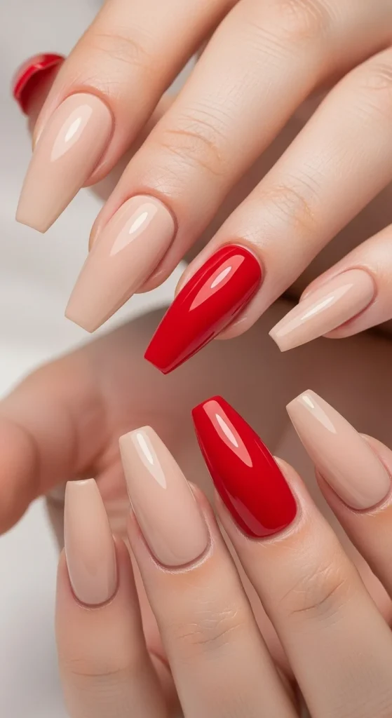 Nude and red press-on nail set in coffin and almond shapes, DIY nail trend 2026.