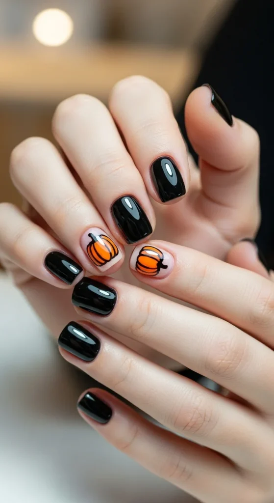 Pumpkin-themed nude gel nails with minimalist orange nail art.