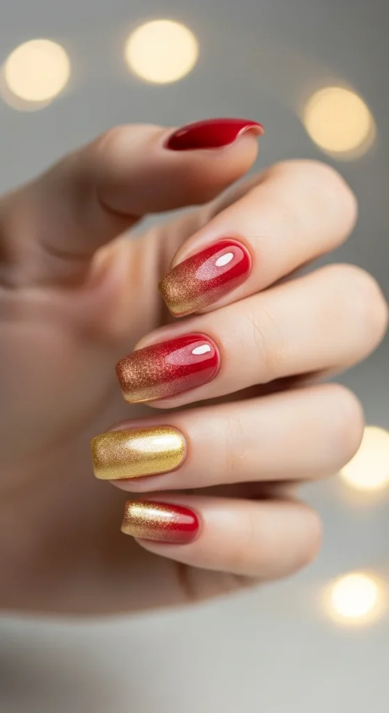 Classic Christmas Nails 2025: 21 Timeless Holiday Nail Designs 11 Red and gold ombré nails — festive and trendy holiday manicure for 2025.