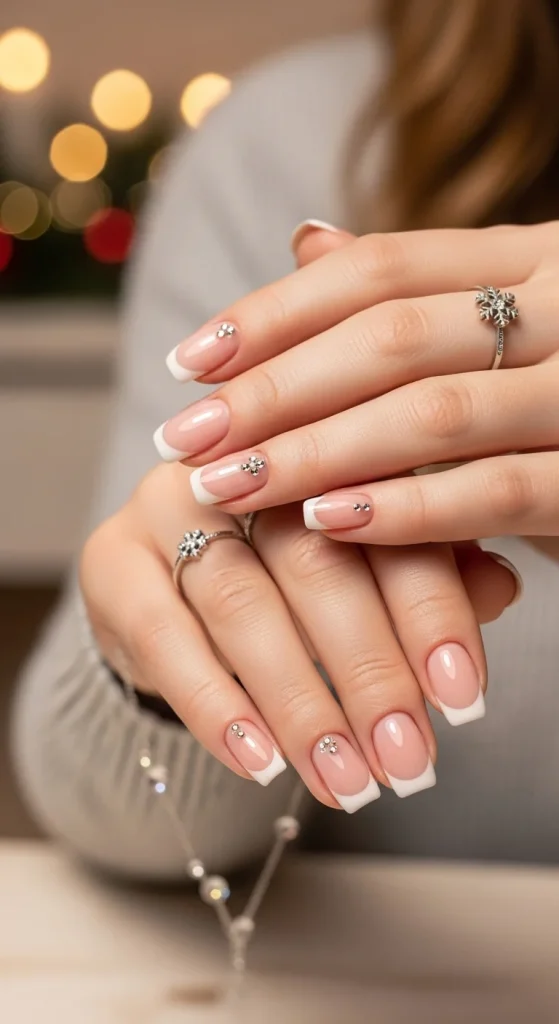 Classic Christmas Nails 2025: 21 Timeless Holiday Nail Designs 15 Rhinestone accent nails — elegant nude manicure with gem tips for holiday nail designs 2025.