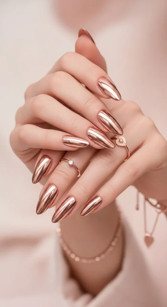 Classic Christmas Nails 2025: 21 Timeless Holiday Nail Designs 19 Rose gold chrome nails — metallic pink manicure for Christmas nails 2025 trend.