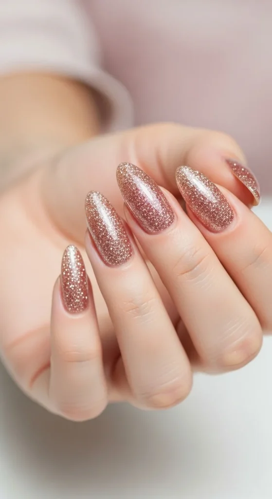 Rose gold glitter nails for holiday 2025