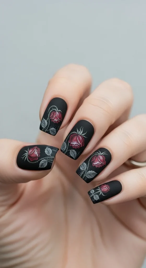 Rotten Roses Halloween nails with black base and wilted rose designs
