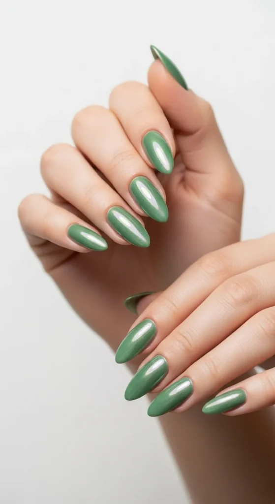 Sage chrome gel nails with soft shimmer for a calm fall aesthetic.