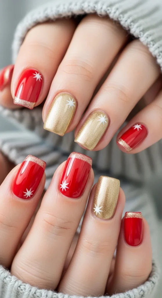 Short festive nails with red and gold tips, snowflake accents, and simple gel design for Christmas 2025.
