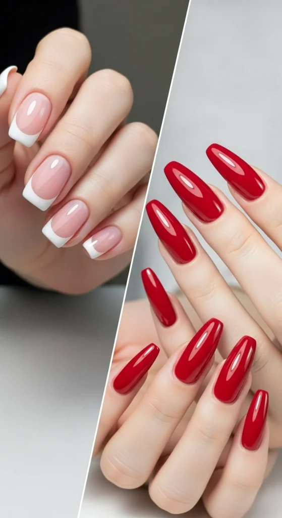 Classic French tip and bold red signature manicure, timeless nail trend 2026.