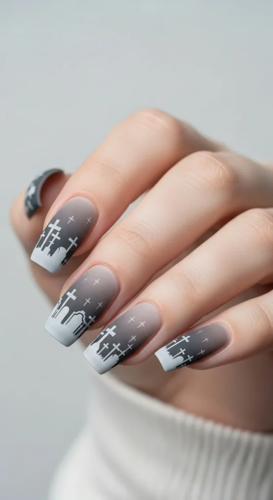 Silent Graveyard Mist Halloween nails with smoky gradient and tombstone art.