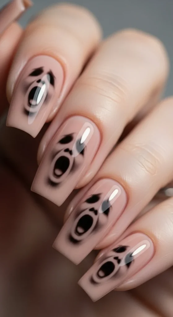 Nude nails painted with faint, blurred screaming face silhouettes in gray and black.