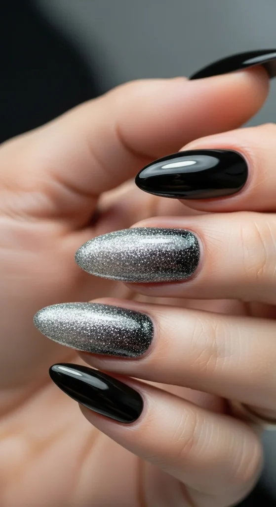 black nails with silver glitter ombré, 