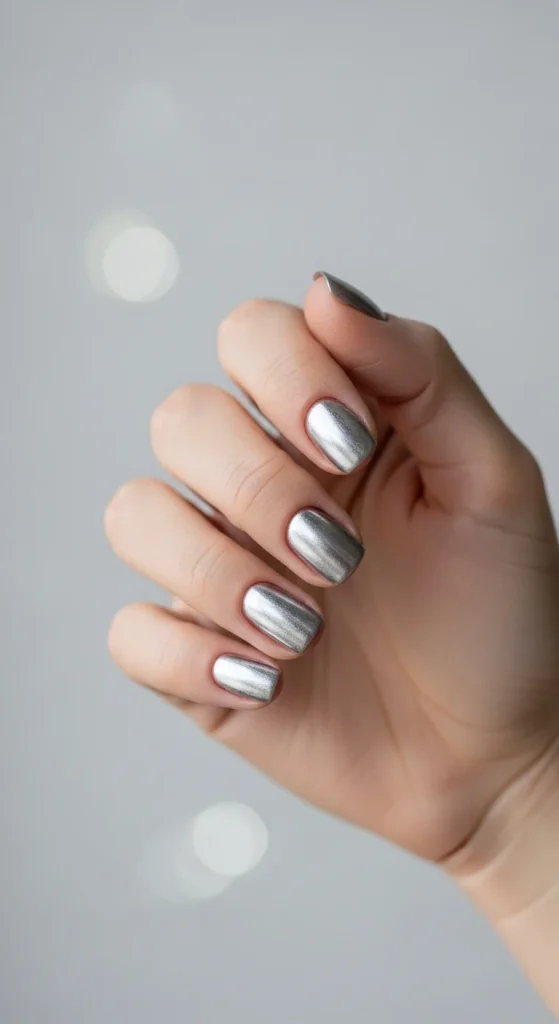Silver mirror chrome nails perfect for New Year’s Eve.