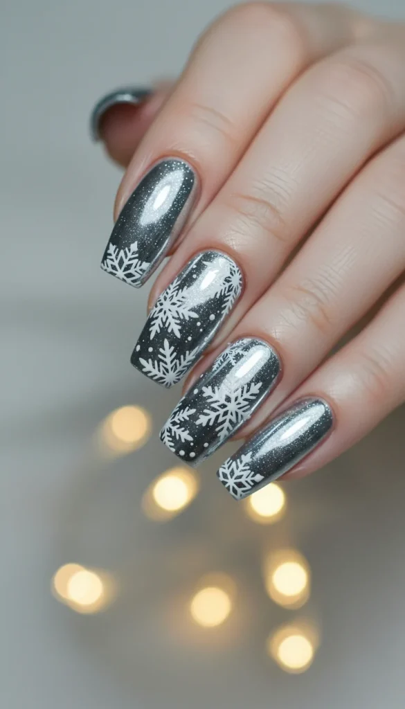 Silver chrome nails with snowflake nail art and glitter for Christmas 2025.
