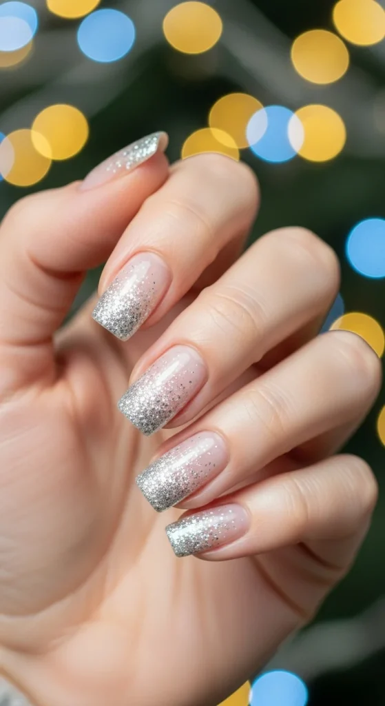 Clear nails with cascading silver glitter tips for a snowfall effect.