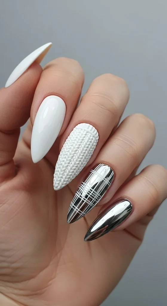 Plaid Nails with Cozy Sweater Texture: Holiday Nail Designs 2025 17 Snow-white nails with silver plaid accent and knit texture nail.
