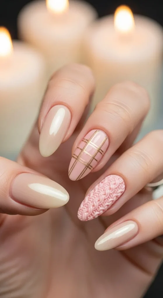 Plaid Nails with Cozy Sweater Texture: Holiday Nail Designs 2025 21 Champagne gold nails with blush plaid accent and knit texture nail.
