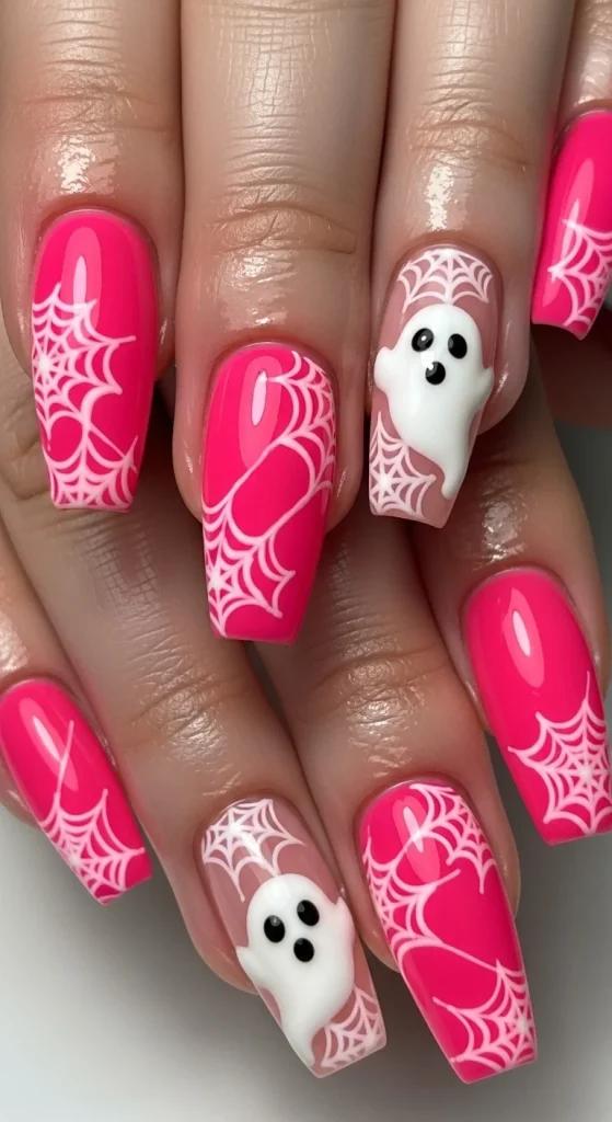 ink Halloween nails with ghost and spider web accents.
