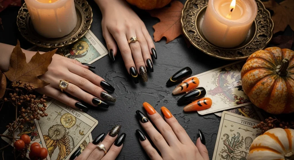 Hauntingly Elegant: Spooky-Chic Halloween Nails to Try This Season 15 Elegant Halloween nails 2025 featuring glossy black, pumpkin orange, velvet cat-eye shimmer, and golden moon accents styled with autumn props.