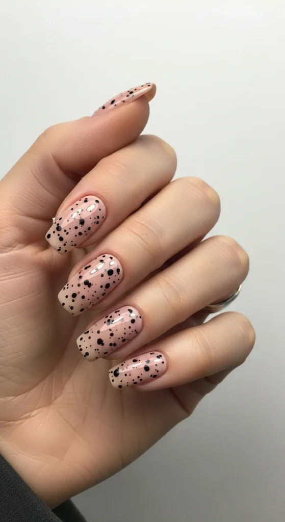 Nude gel nails with black speckles, minimalist Halloween nail design.