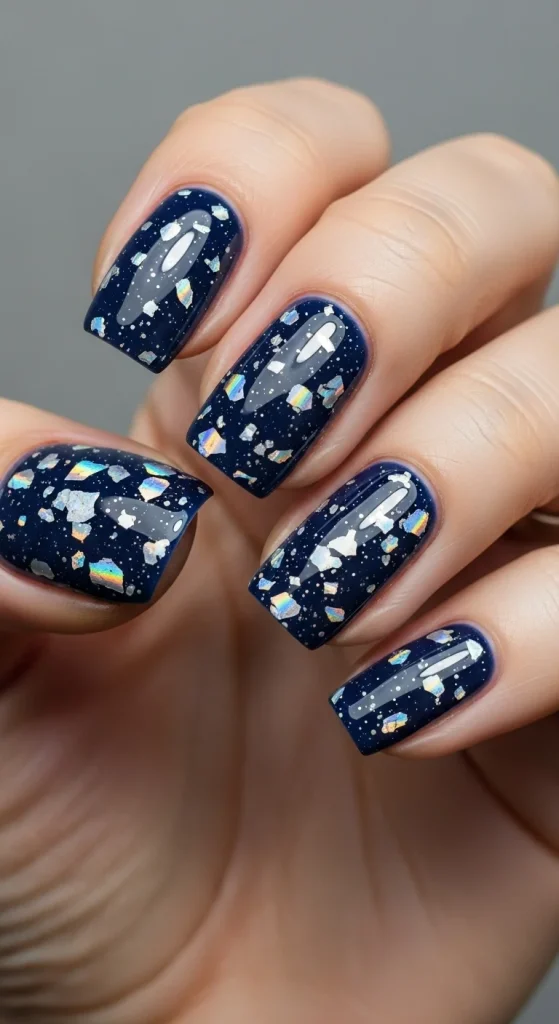 Navy jelly nails with shimmering silver stars, galaxy-inspired.