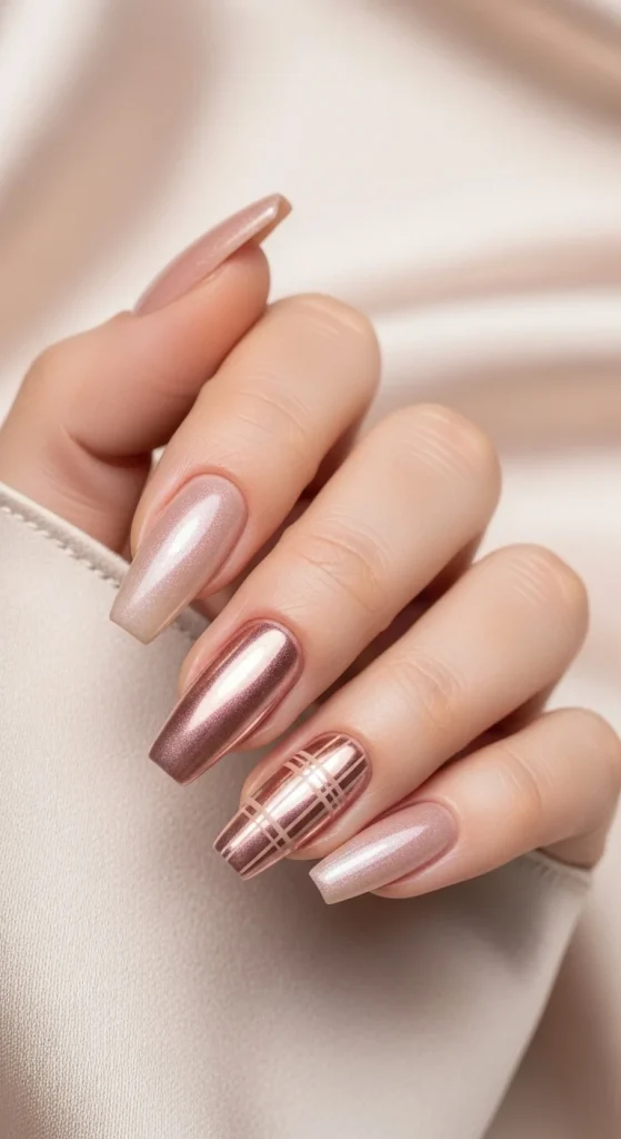 Plaid Nails with Cozy Sweater Texture: Holiday Nail Designs 2025 18 Soft nude nails with rose-gold plaid accent.