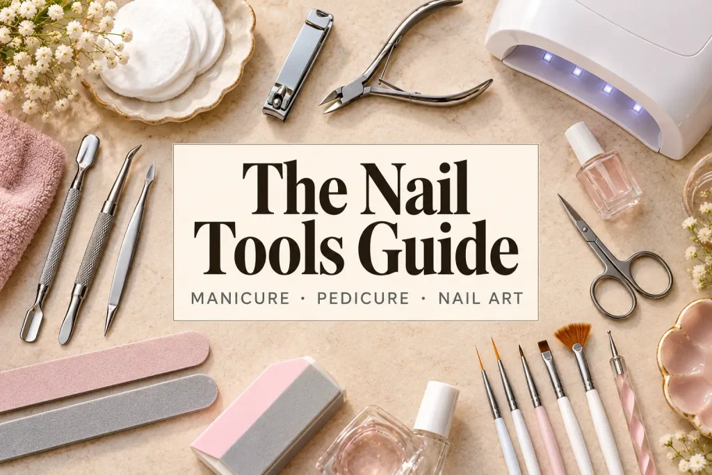 Flat lay of unbranded nail tools including clippers, cuticle nippers, files, a buffer block, nail art brushes and a UV lamp.