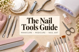 The Ultimate Nail Tools Guide: Essential Kits for Every Manicure, Pedicure and Nail Art Goal (2026 Edition) 2 Flat lay of unbranded nail tools including clippers, cuticle nippers, files, a buffer block, nail art brushes and a UV lamp.