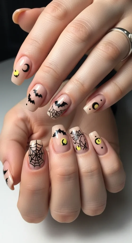 Nude nails with small spooky hand-painted motifs.