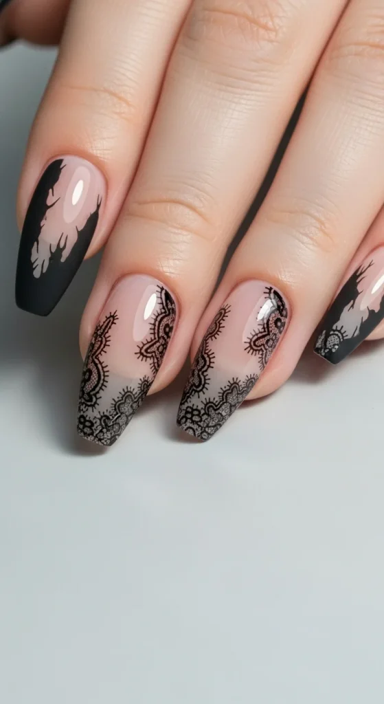 Torn Veil Lace Halloween nails with sheer lace and torn veil design.