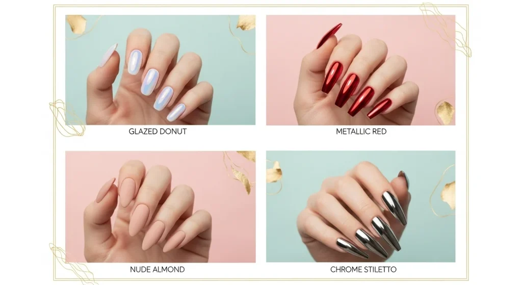 What Is a Full Set of Nails? Process, Cost & What to Expect (2026 Guide) 3 Various full set nail art designs including almond, chrome, and glazed styles