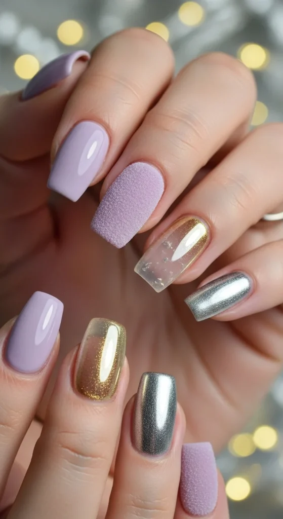 Velvet, chrome, and jelly finish nails in gold, lilac, and silver tones, shiny holiday nail trend 2025.