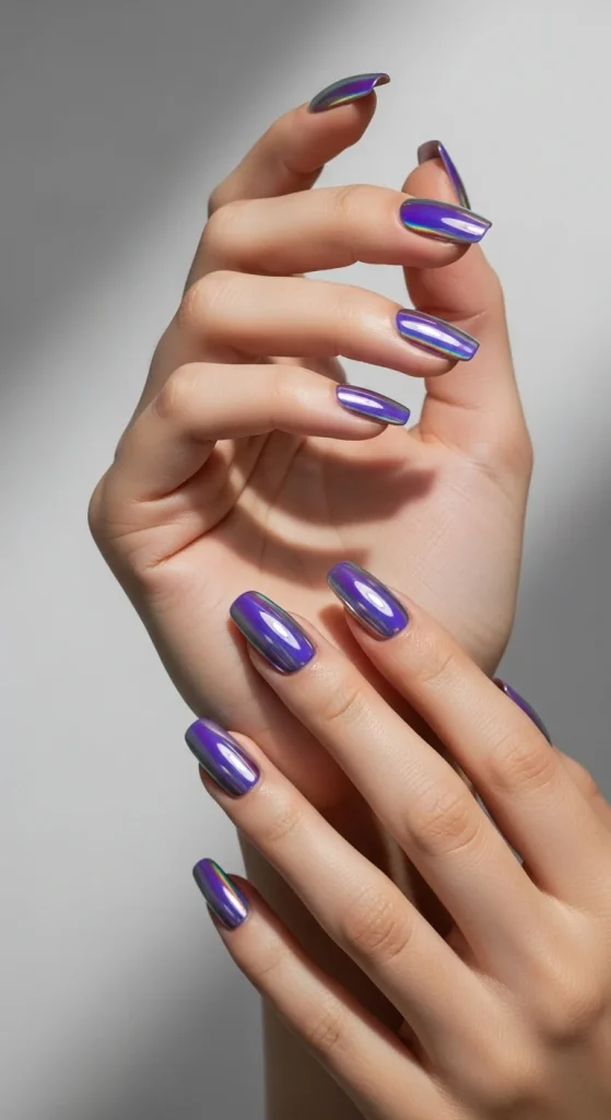 Violet chrome gel nails reflecting purple and blue hues with a sleek mirror finish.