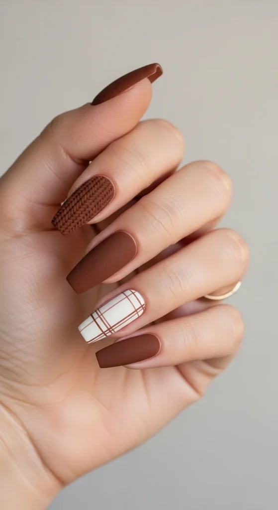 Plaid Nails with Cozy Sweater Texture: Holiday Nail Designs 2025 15 Chocolate brown nails with cream plaid accent and knit texture nail.
