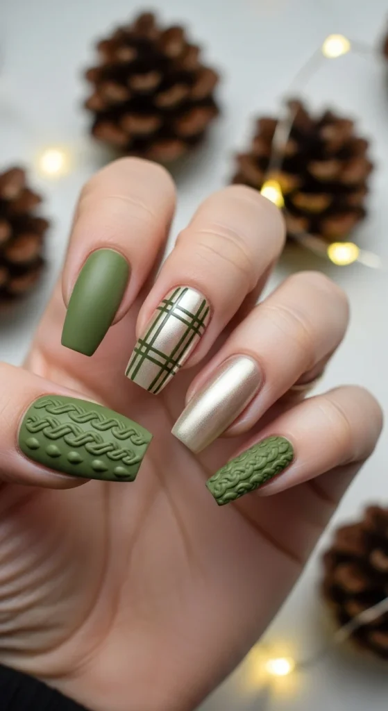 Plaid Nails with Cozy Sweater Texture: Holiday Nail Designs 2025 9 Warm Olive Plaid nails